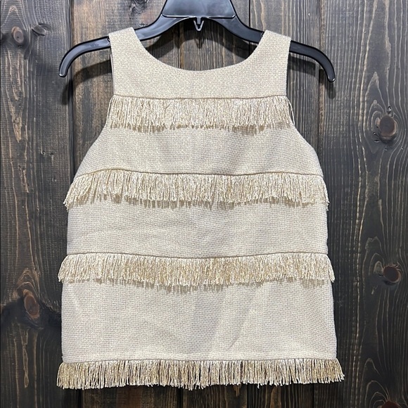 Anthropologie Sunday in Brooklyn Shimmer Fringe Top S Gold Boho Blouse Metallic - Picture 1 of 9